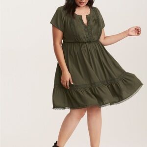 Torrid Olive Baby Doll Pleated Lace Full Ruffle Dress SZ L